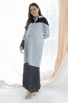 Aisyah Gamis Ibu Hamil Menyusui Muslim Wear Katun Salur - GMS 261 Biru